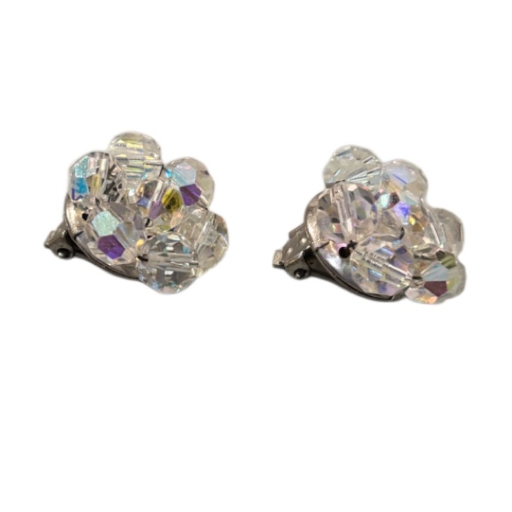 Vintage Earrings Aurora Borealis Crystal Beaded Flowers Clip On 50s 60s Jewelry - Picture 6 of 16